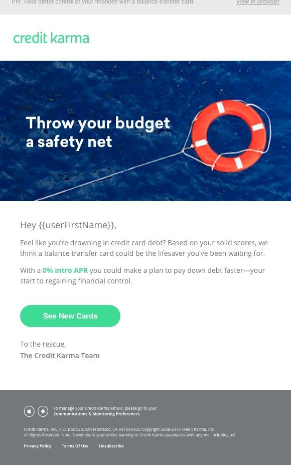Balance Transfer email with the headline Throw your budget a safety net