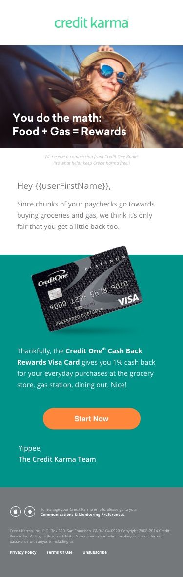 Credit One Cash Back email on a phone