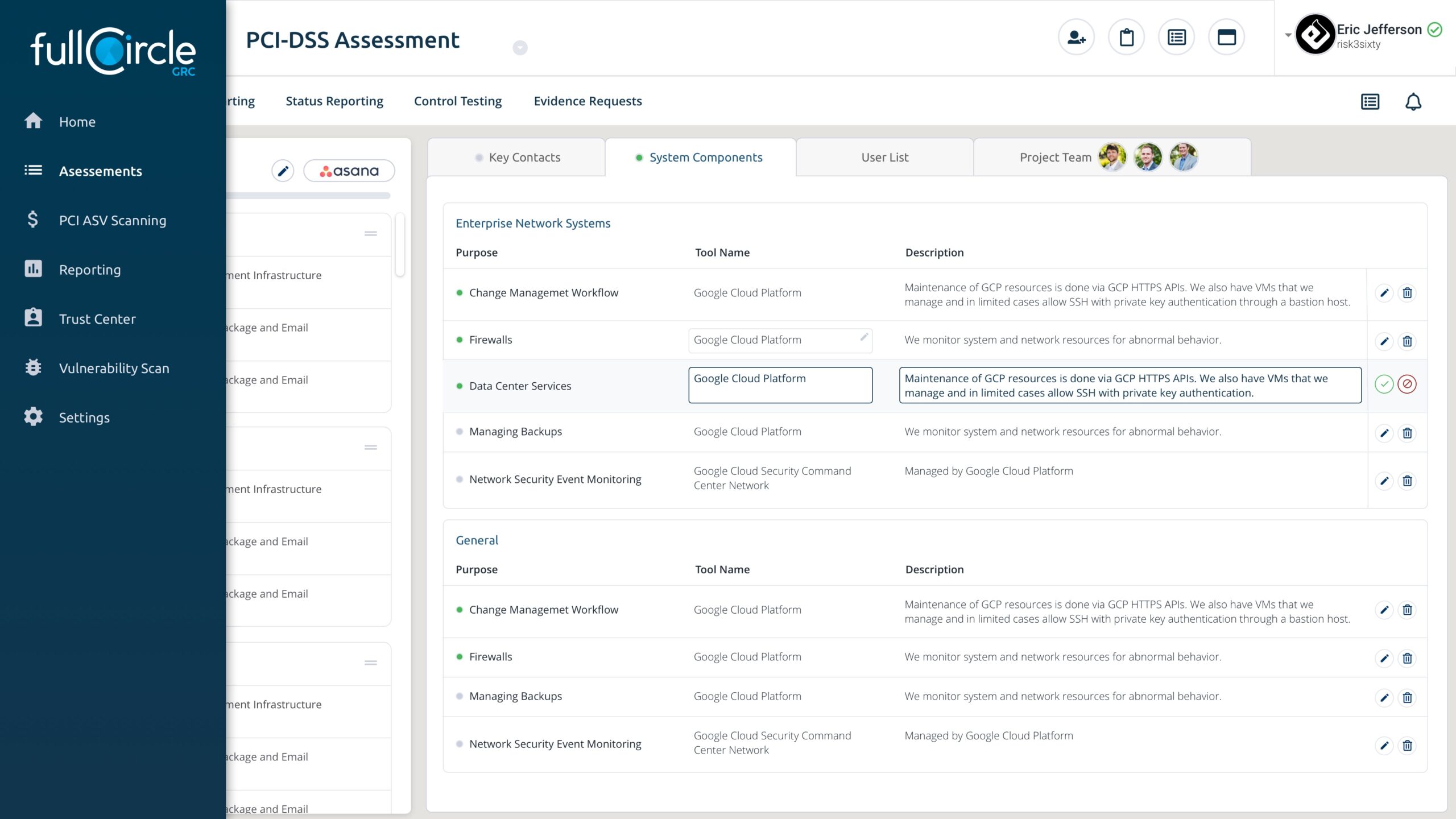Assessment screen with a list of requirements and a detail table