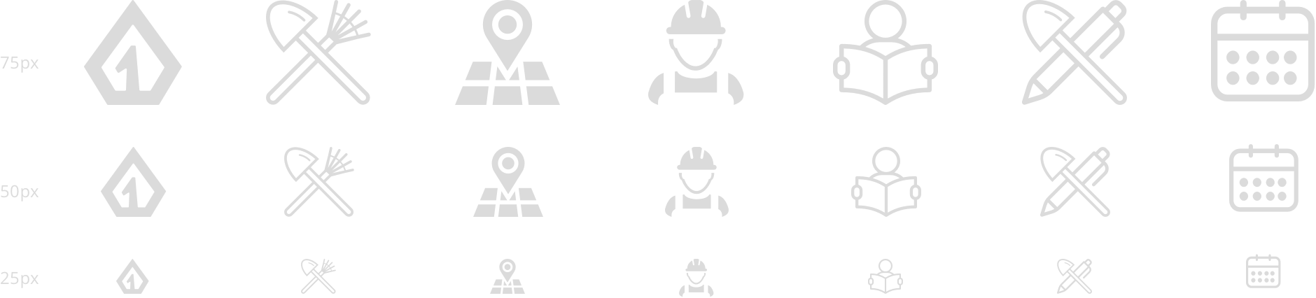 Set of line icons shown in three sizes