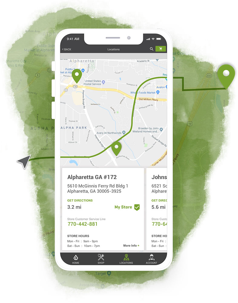 Store locator screen with a map, pins and a store card