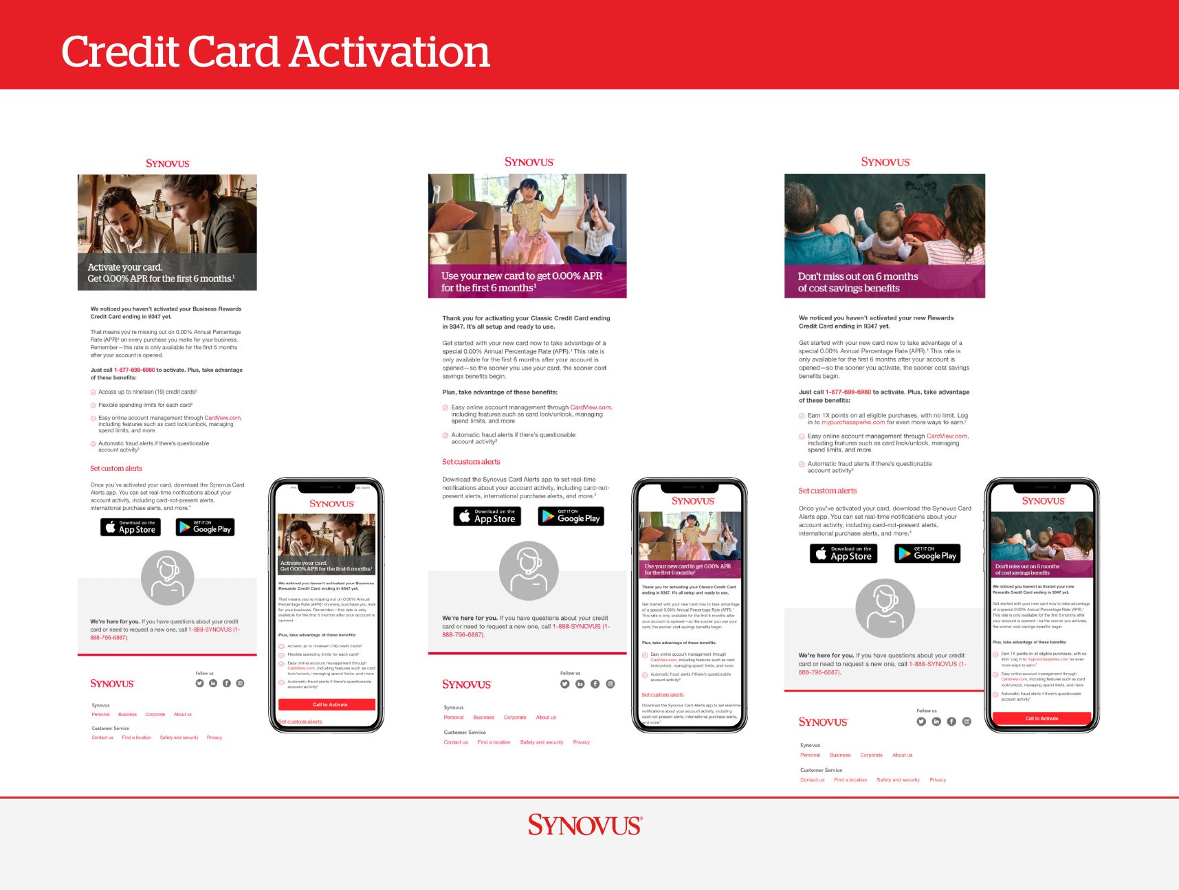Look book page with three Credit Card Activation emails