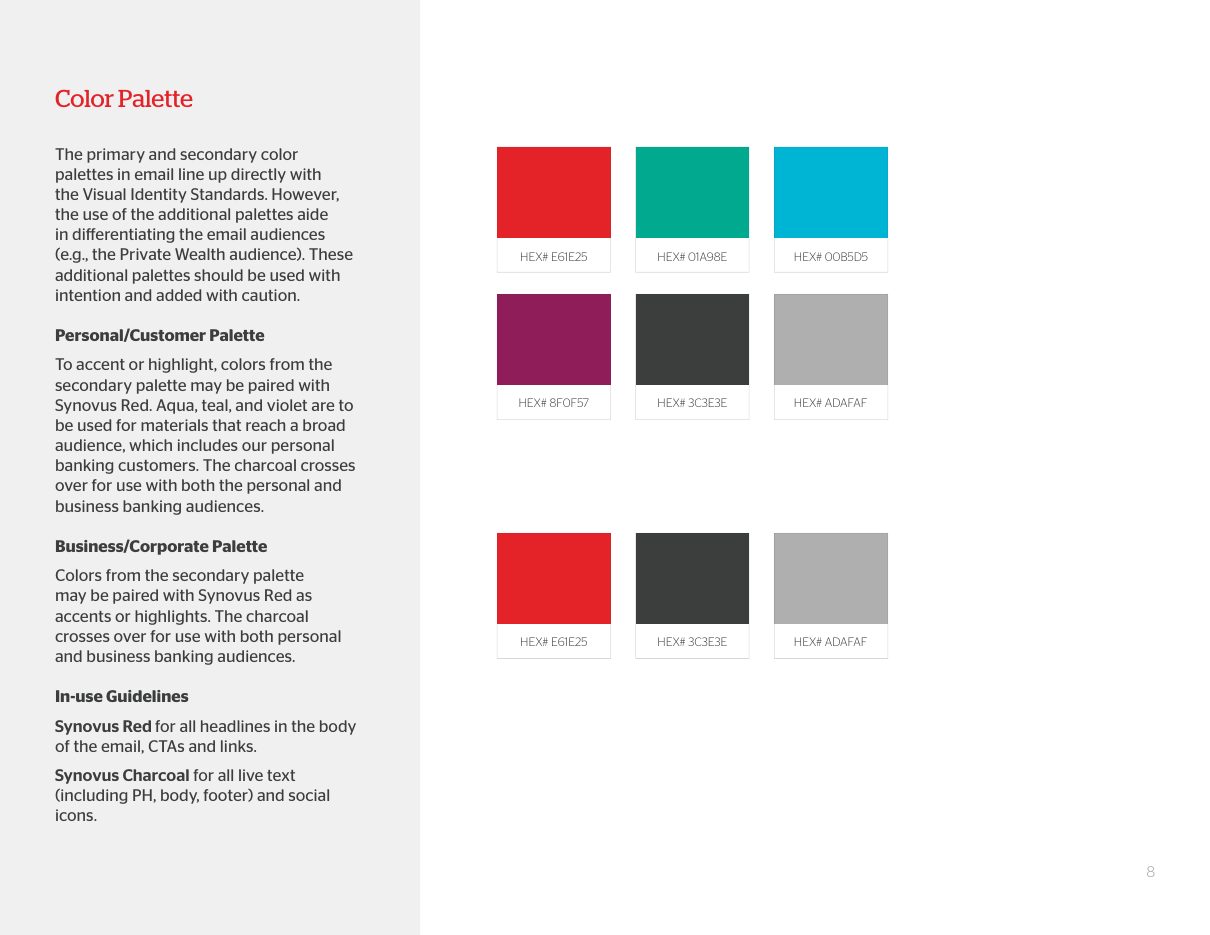 Playbook page showing the Synovus email color palette